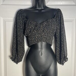 Papermoon Cropped Shirt Women M Black Floral Whimsigoth Chiffon Fairy Grunge Top